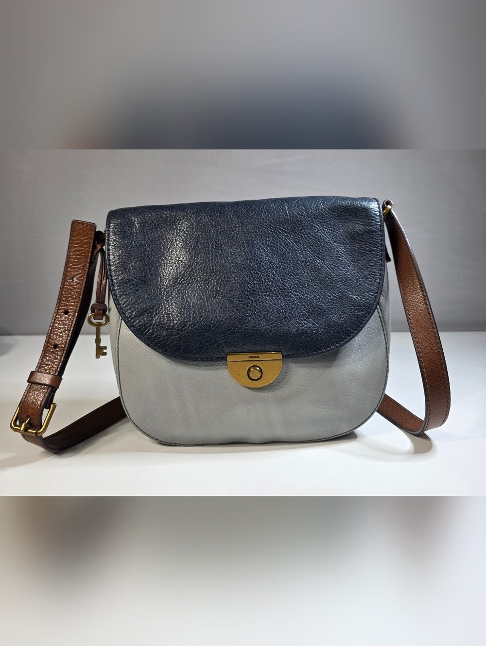Fossil Emi Leather Saddle Crossbody Bag Navy, Light Gray